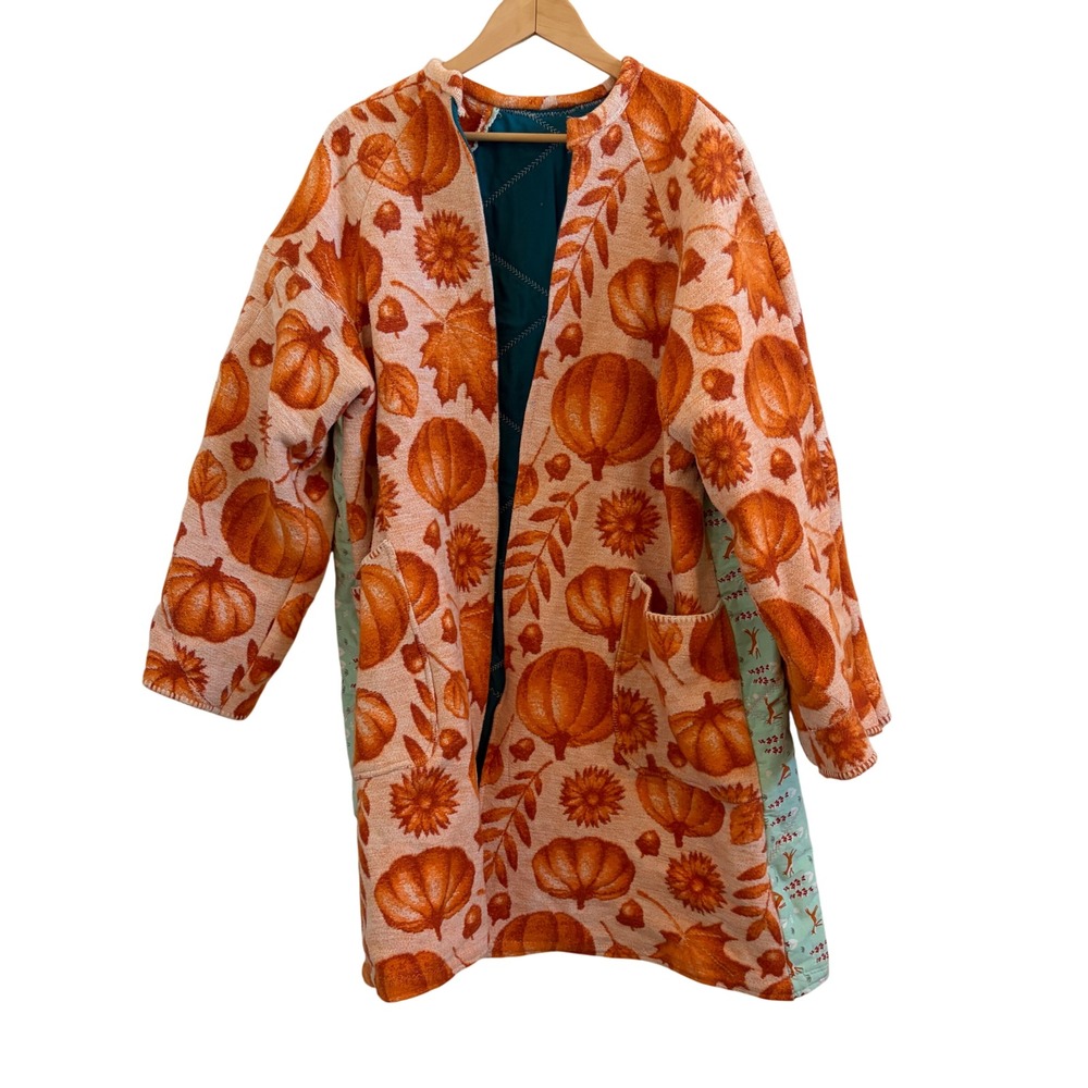 Handmade Quilted Chore Coat Pumpkin Tapestry Fox Print Duster Jacket One Size